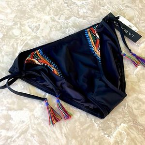 NWT black string rainbow Aztec print side tassel tie full back swim bikini bot 8